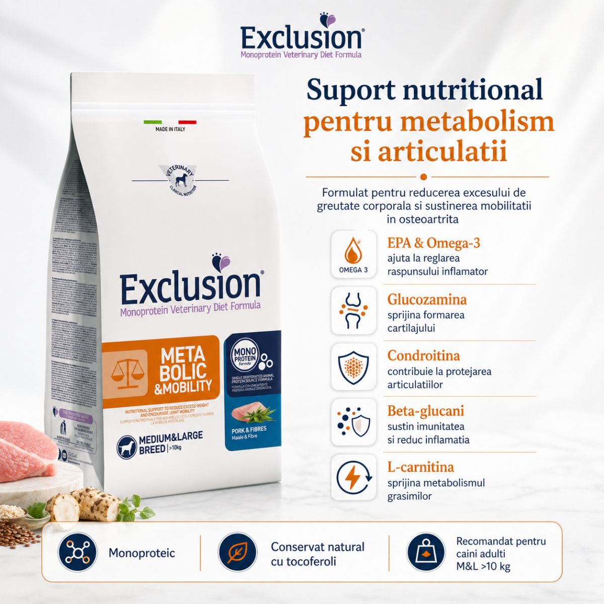 EXCLUSION Monoprotein VD Metabolic&Mobility Medium/Large, M-XL, Porc și Fibre, dietă veterinară, hrană uscată câini, obezitate, sistem articular, 12kg - imagine 4